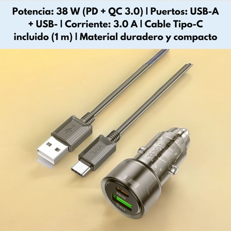 CARGADOR RAPIDO AUTO HOCO Z52 38W USB-C Y USB-A TIPO C - 7