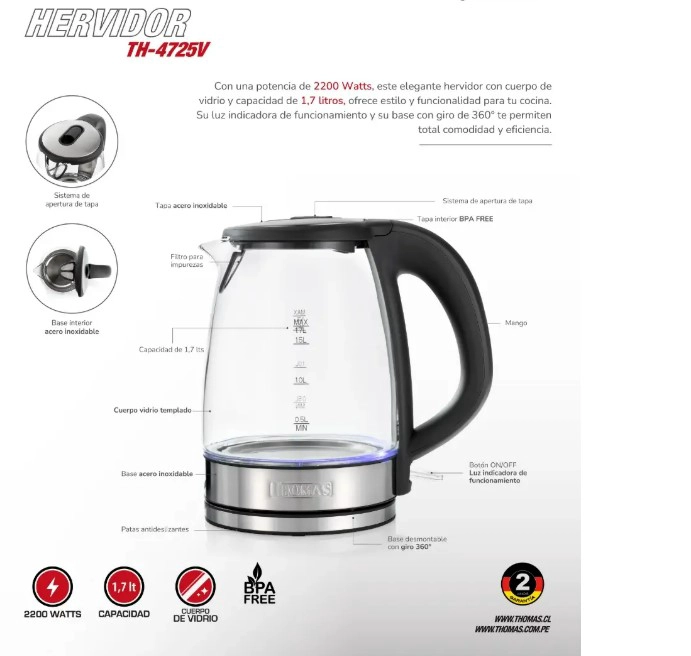 HERVIDOR THOMAS TH-4725 VIDRIO 1,7L - 8