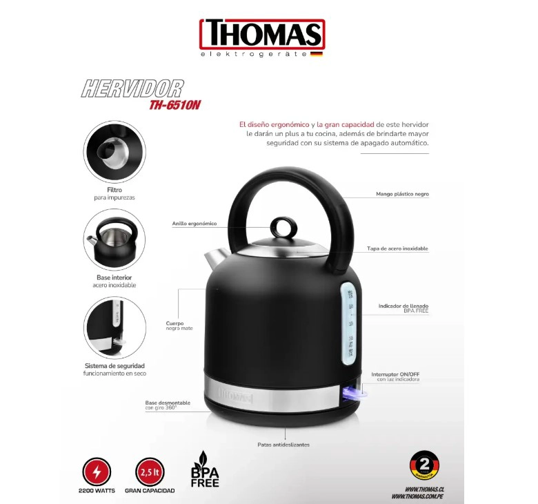 HERVIDOR NEGRO MATE 2,5 LTS TH-6510N THOMAS - 6