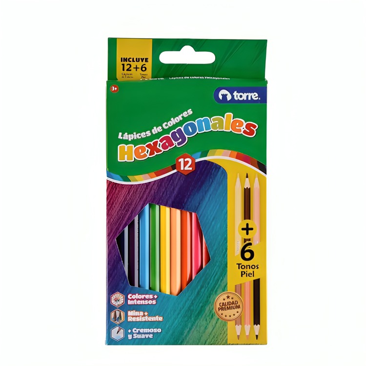 PACK 3 LAPICES DE COLORES HEXAGONALES 12 UNIDADES + 6 TONOS PIEL – TORRE - 2