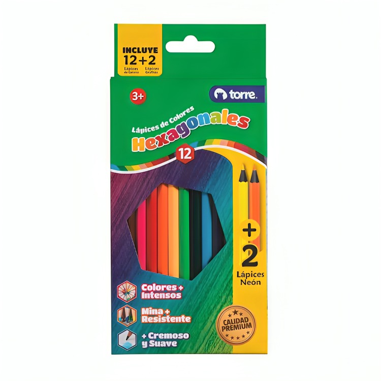 PACK 3 LAPICES DE COLORES HEXAGONALES 12 UNIDADES + 2 NEON – TORRE - 3