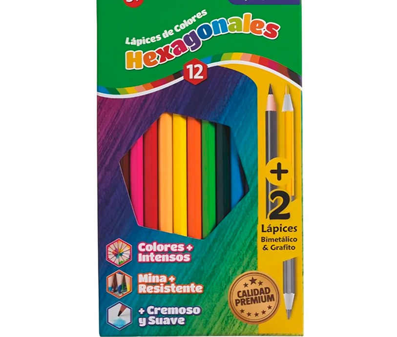 PACK 3 LAPICES 12 COLORES HEXAGONALES + 1 GRAFITO + 1 METALICO – TORRE - 1