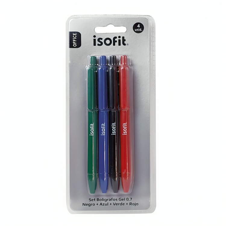 PACK 2 BLISTER BOLIGRAFOS GEL 4 UNIDADES AZ/NE/RO/VE – ISOFIT - 2