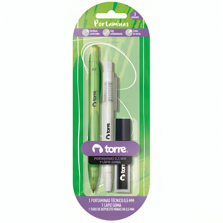 PORTAMINAS PLASTICO + MINAS 0.5 MM + LAPIZ GOMA – TORRE - 1