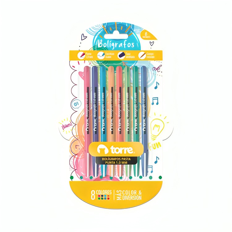 PACK 2 DE SET 8 BOLIGRAFOS 1.0MM COLOR FUN BLISTER – TORRE - 1