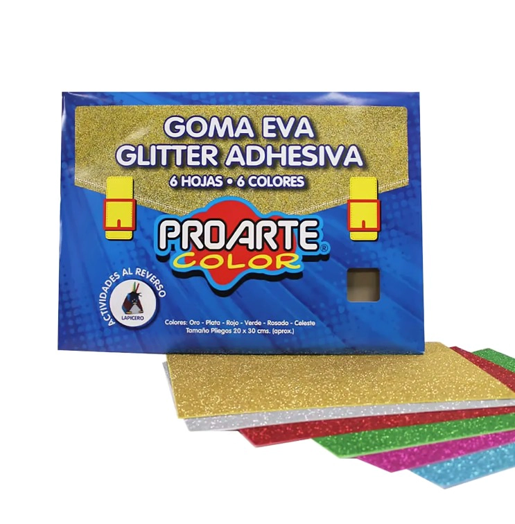 PACK 2 ESTUCHE GOMA EVA CON GLITTER ADHESIVA 6 COLORES – PROARTE - 1