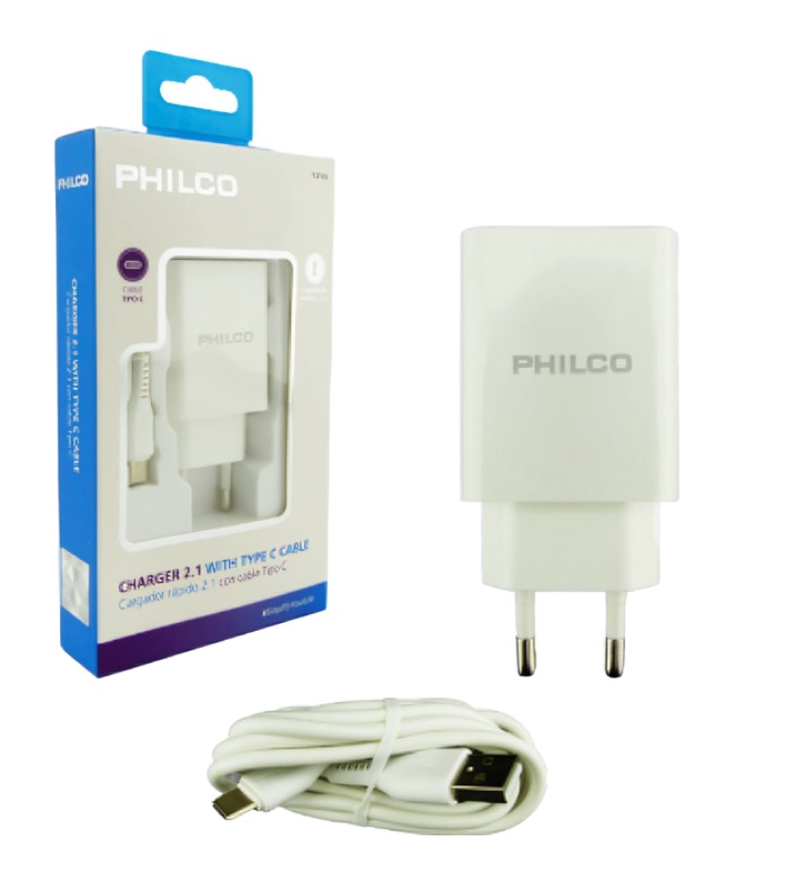 CARGADOR USB DOBLE PHILCO Y CABLE TYPE-C 2.1 AMP MOD.R2109 CARGA RAPIDA - 2