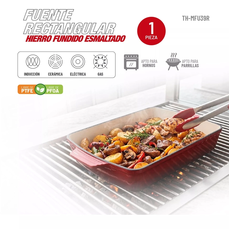 BANDEJA RECTANGULAR TH-MFU39R HIERRO FUNDIDO ESMALTADO ROJO - 6