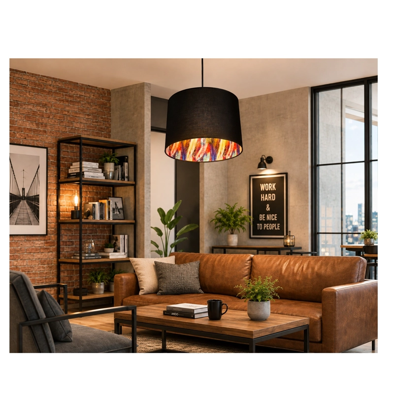 LAMPARA COLGANTE TAMBOR NEGRO PLUMAS INTERNAS - 5