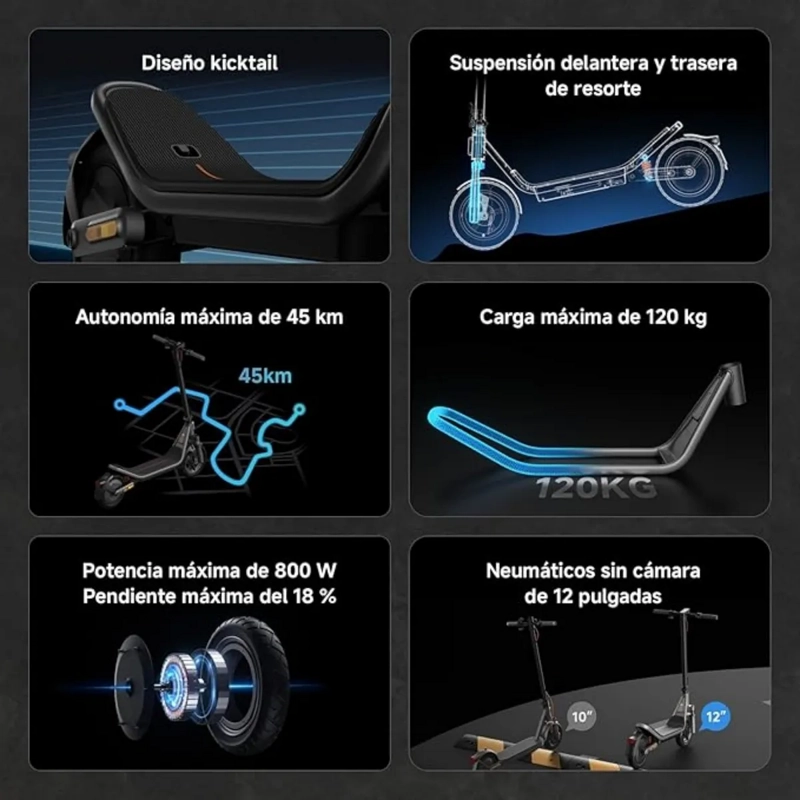 XIAOMI SCOOTER ELE CTRICO 6 PLEGABLE AUTONOMIA 45KM MAX 25KM/H NEUMATICOS 12' 800W SUSPENSION - 4