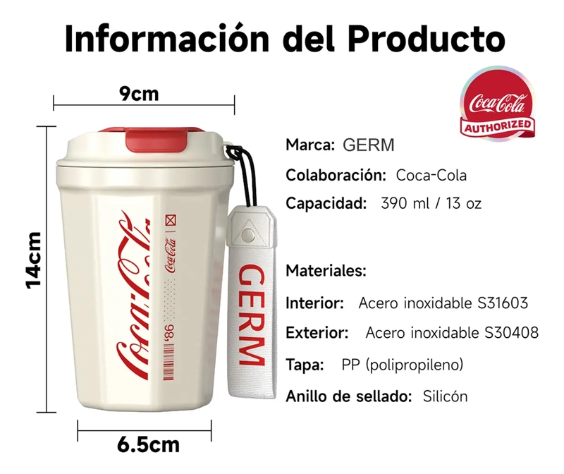 TERMO CAFE  COCA-COLA DE 390 ML PARA BEBIDAS CALIENTES O FRIAS BLANCO - 4