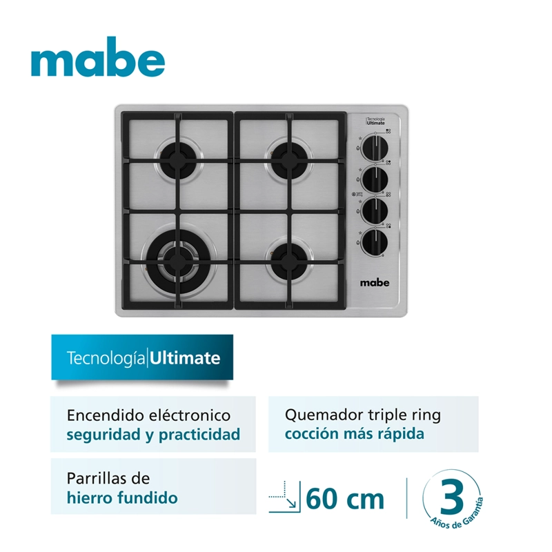 Kit Encimera a Gas LP 60cm CMG6044LD-1CL +Campana Extractora 60cm CM6045XV0 Inox Mabe - 7