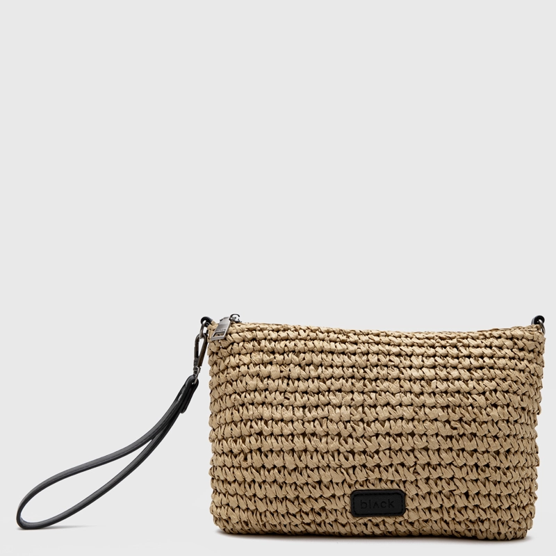 CARTERA CLUTCH RAFFIA CAMEL BLACK BUBBA - 1