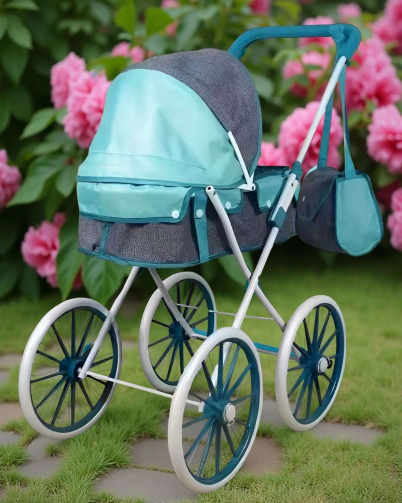 COCHE DE PASEO PARA MUÑECAS CON CAPOTA Y RUEDAS GRANDES CELESTE - 3
