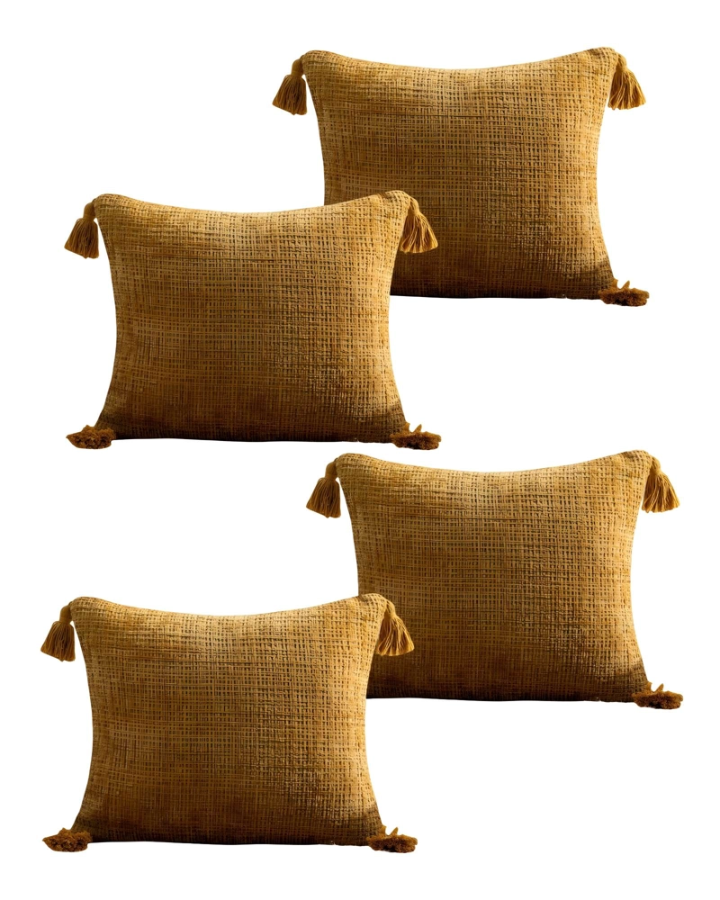 JUEGO DE 4 FUNDAS DE COJIN CHENILLE CON BORLAS 45X45 AMARILLO - 1