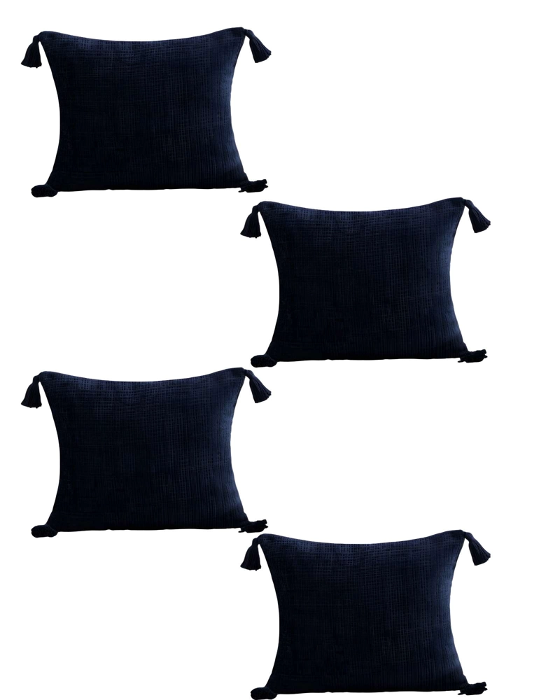 JUEGO DE 4 FUNDAS DE COJIN CHENILLE CON BORLAS 45X45 AZUL OSCURO - 1