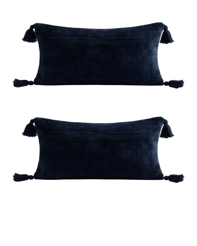 JUEGO DE 2 FUNDAS DE COJIN CHENILLE CON BORLAS 30X50 AZUL OSCURO - 1