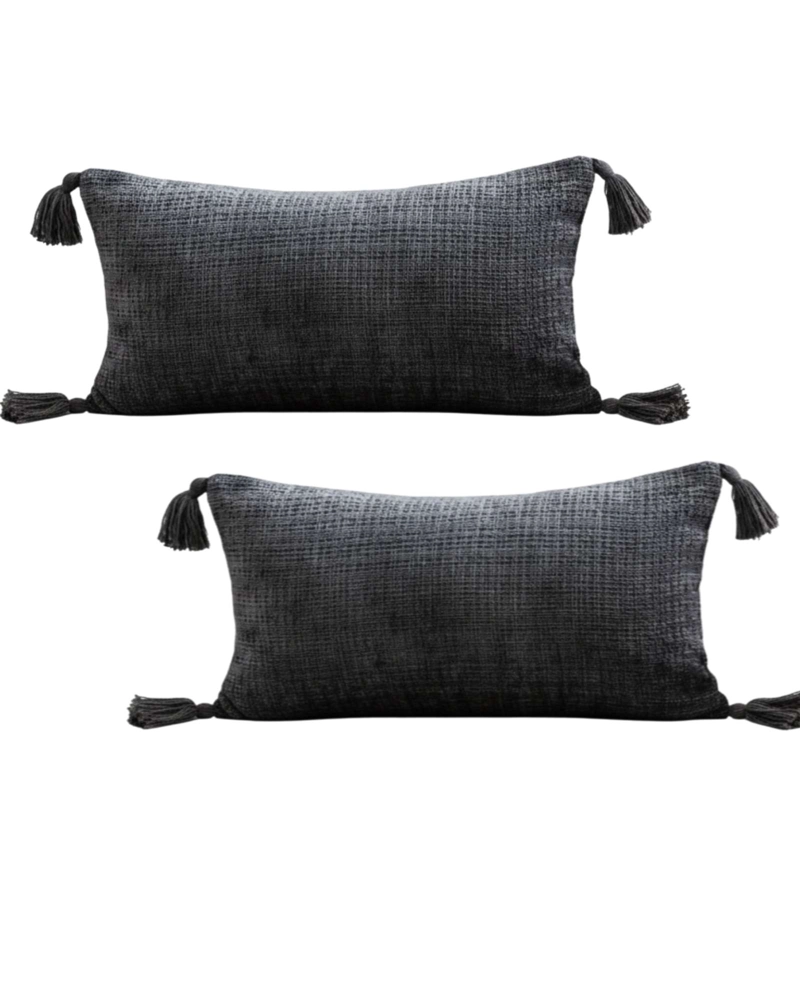 JUEGO DE 2 FUNDAS DE COJIN CHENILLE CON BORLAS 30X50 GRIS - 1