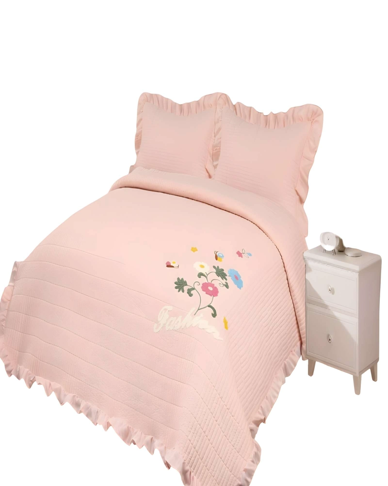 CUBRECAMA DE VERANO QUILT CON FLORES BORDADAS 2 PLAZAS  BEIGE - 1
