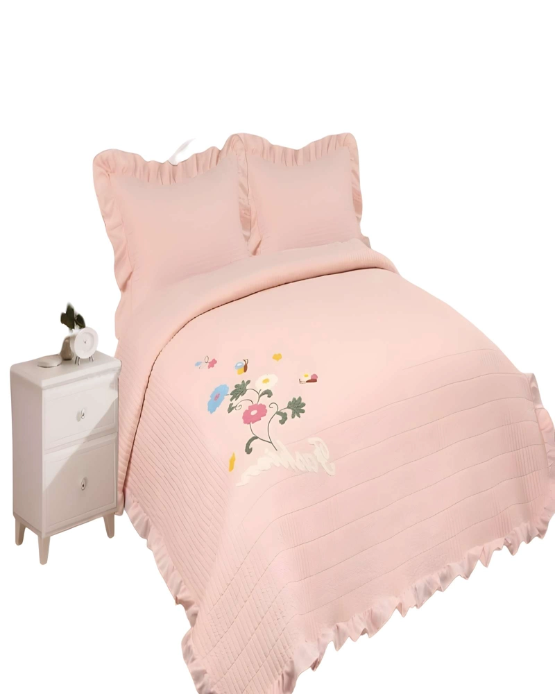 CUBRECAMA DE VERANO QUILT CON FLORES BORDADAS 2 PLAZAS  BEIGE - 2