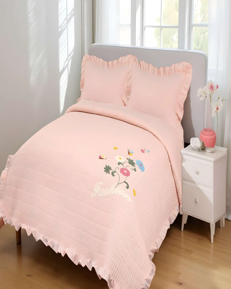CUBRECAMA DE VERANO QUILT CON FLORES BORDADAS 2 PLAZAS  BEIGE - 3