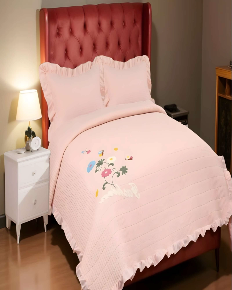 CUBRECAMA DE VERANO QUILT CON FLORES BORDADAS 2 PLAZAS  BEIGE - 4
