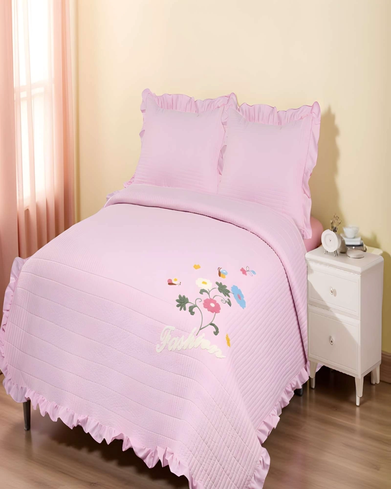 CUBRECAMA DE VERANO QUILT CON FLORES BORDADAS 2 PLAZAS ROSA O - 3