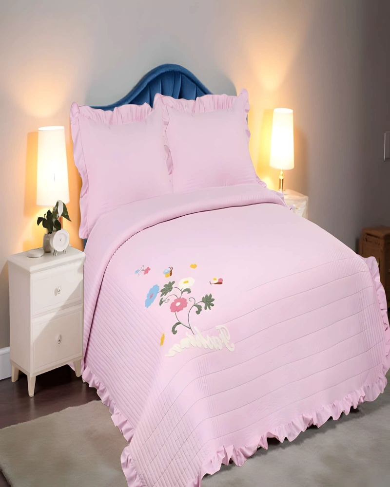 CUBRECAMA DE VERANO QUILT CON FLORES BORDADAS 2 PLAZAS ROSA O - 4