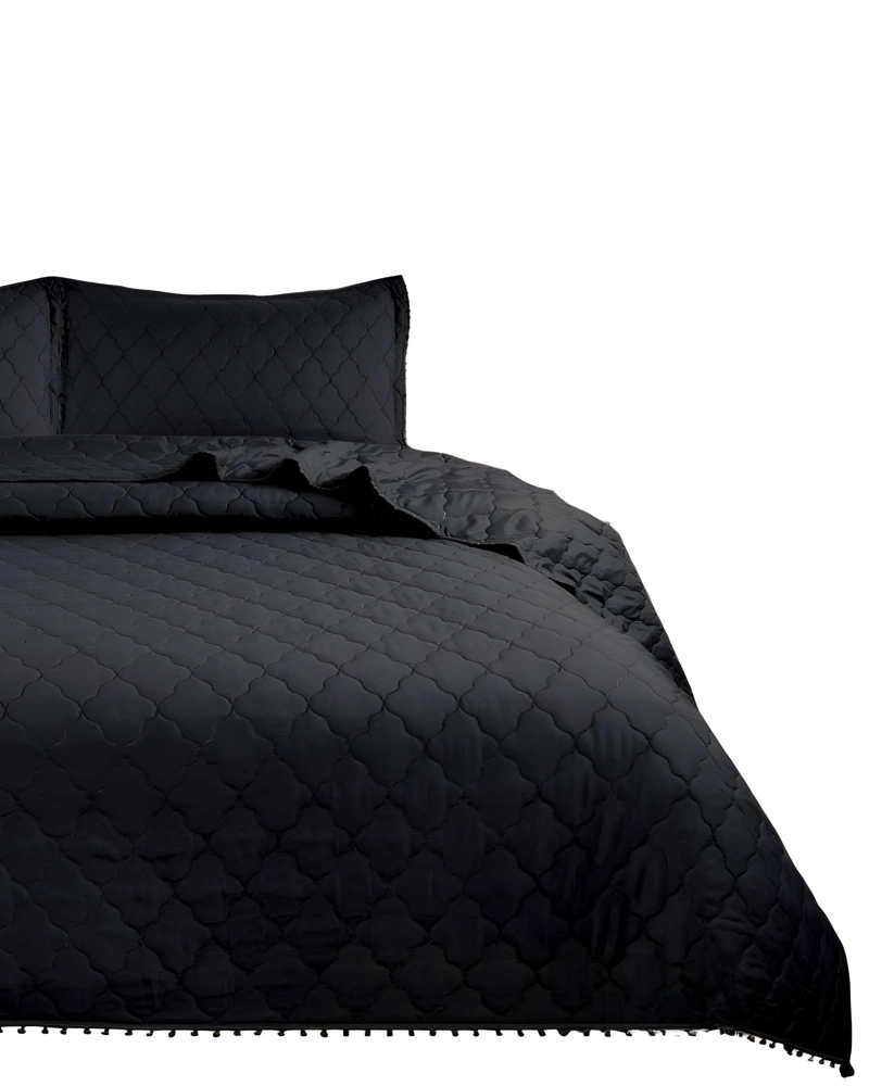 CUBRECAMA DE VERANO QUILT CON POMPONES KING NEGRO - 2