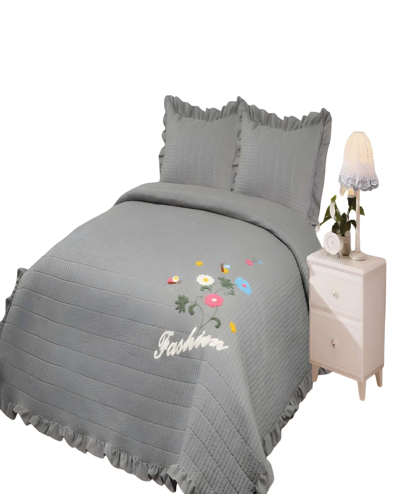 CUBRECAMA DE VERANO QUILT CON FLORES BORDADAS 2 PLAZAS GRIS - 1