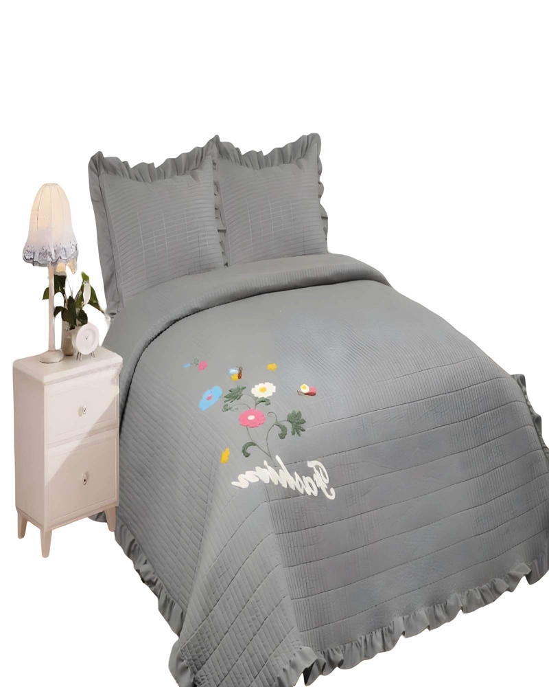 CUBRECAMA DE VERANO QUILT CON FLORES BORDADAS 2 PLAZAS GRIS - 2