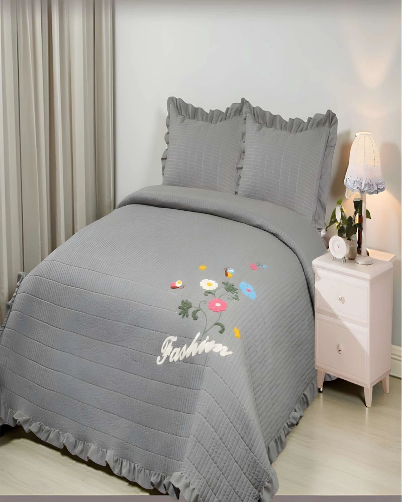 CUBRECAMA DE VERANO QUILT CON FLORES BORDADAS 2 PLAZAS GRIS - 3
