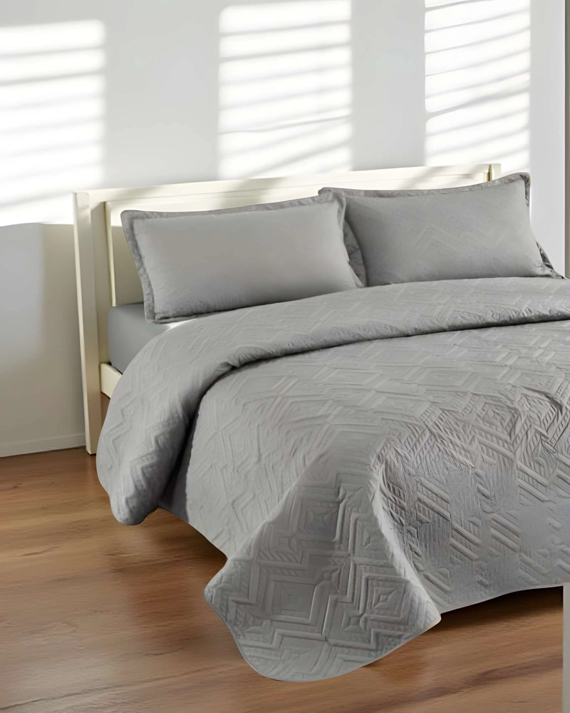 CUBRECAMA DE VERANO QUILT CON COLORES LISOS PLAZA Y MEDIA GRIS - 3