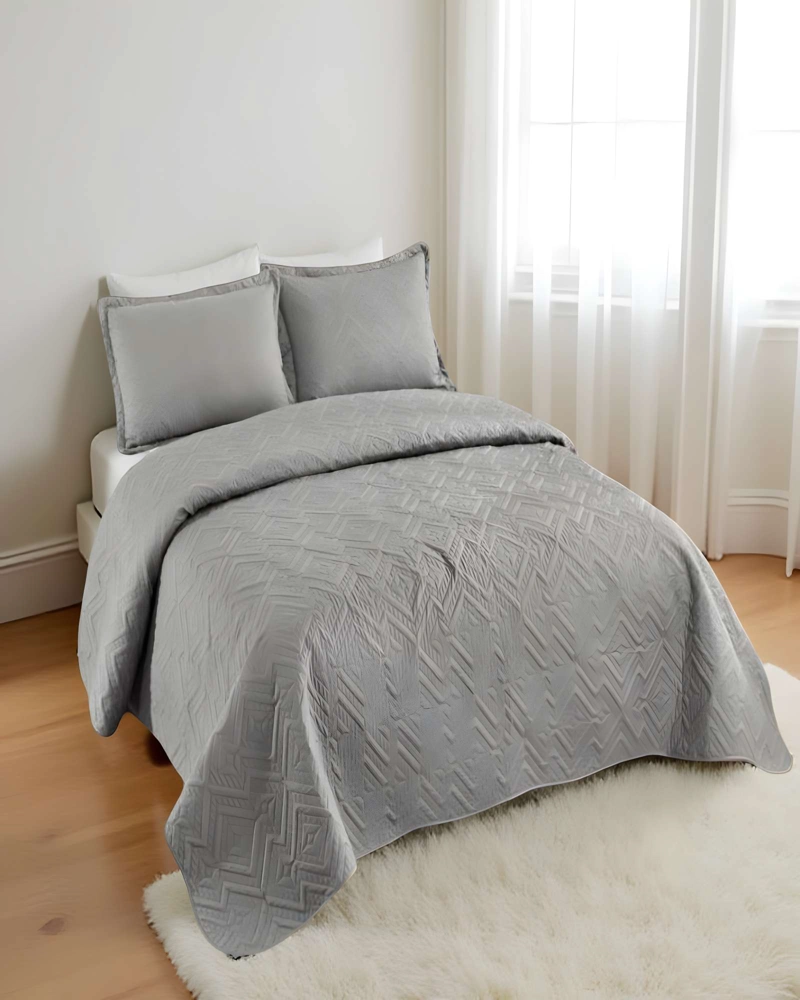 CUBRECAMA DE VERANO QUILT CON COLORES LISOS PLAZA Y MEDIA GRIS - 4
