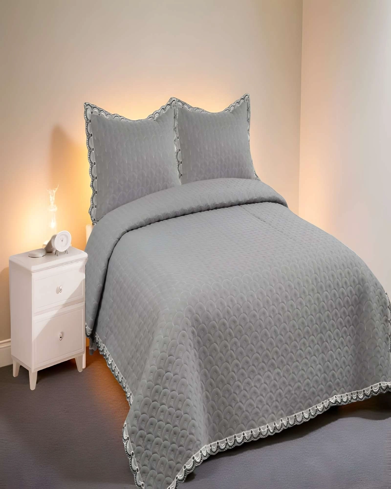CUBRECAMA DE VERANO QUILT BORDADO 2 PLAZAS GRIS - 4