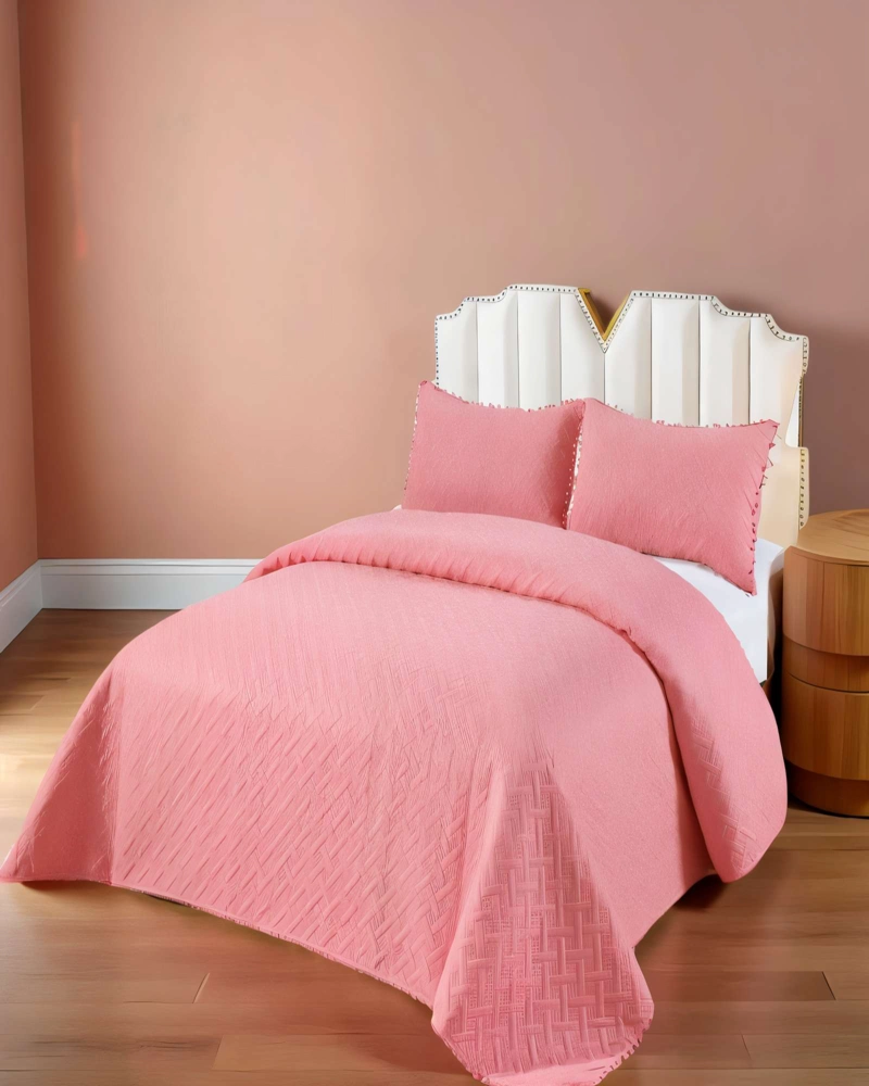 CUBRECAMA DE VERANO COLOR LISO CON POMPON KING COLOR ROSADO - 3