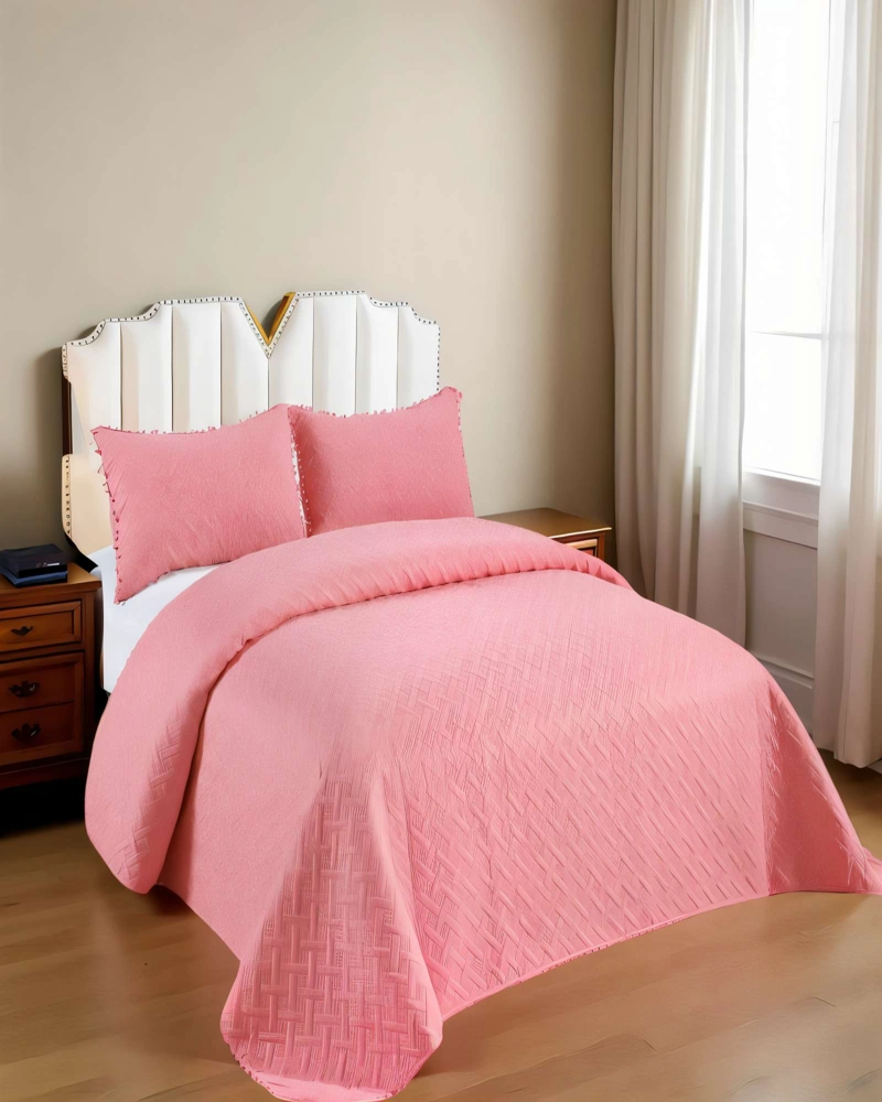 CUBRECAMA DE VERANO COLOR LISO CON POMPON KING COLOR ROSADO - 4