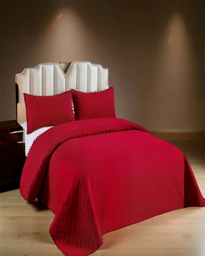 CUBRECAMA DE VERANO COLOR LISO CON POMPON 2P COLOR ROJO - 4