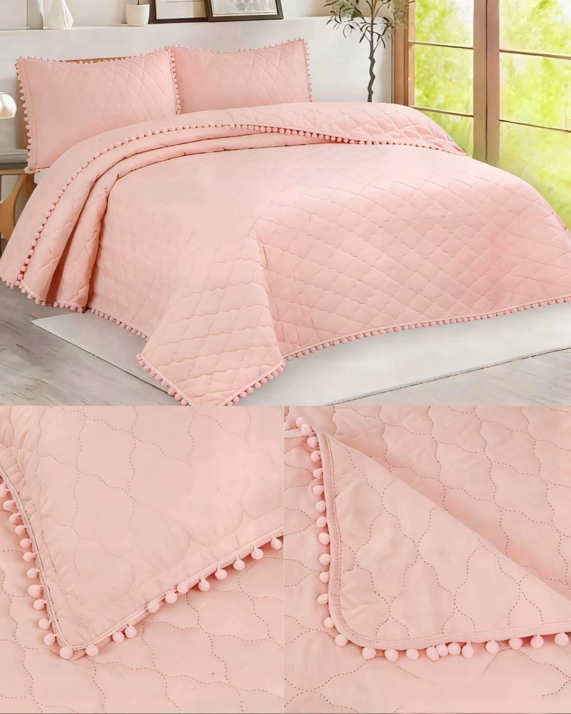 CUBRECAMAS CON BORDES DE POMPON 2 PLAZAS COLOR ROSADO - 4