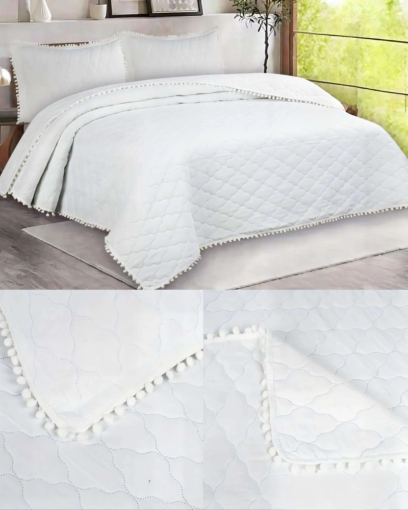 CUBRECAMAS CON BORDES DE POMPON 1,5 PLAZA COLOR BLANCO - 4
