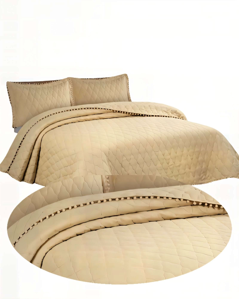 CUBRECAMAS CON BORDES DE POMPON 2 PLAZAS COLOR BEIGE - 2