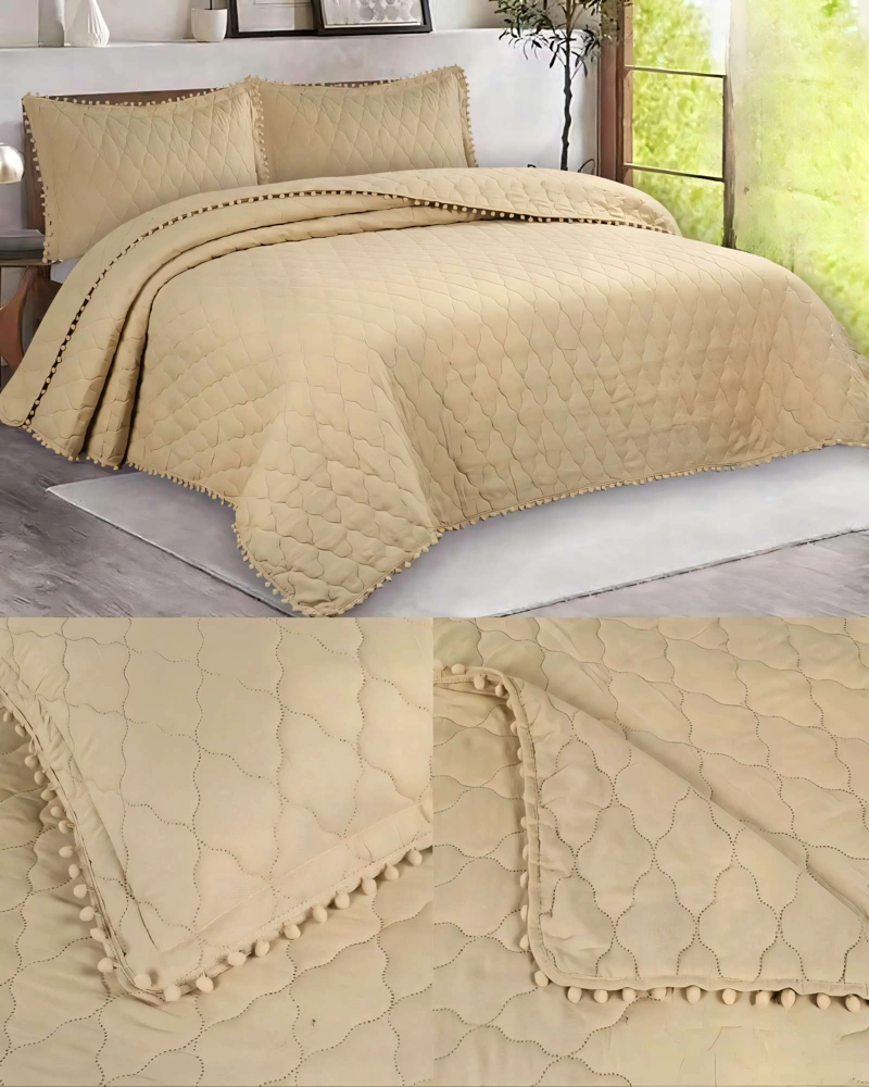 CUBRECAMAS CON BORDES DE POMPON 2 PLAZAS COLOR BEIGE - 4