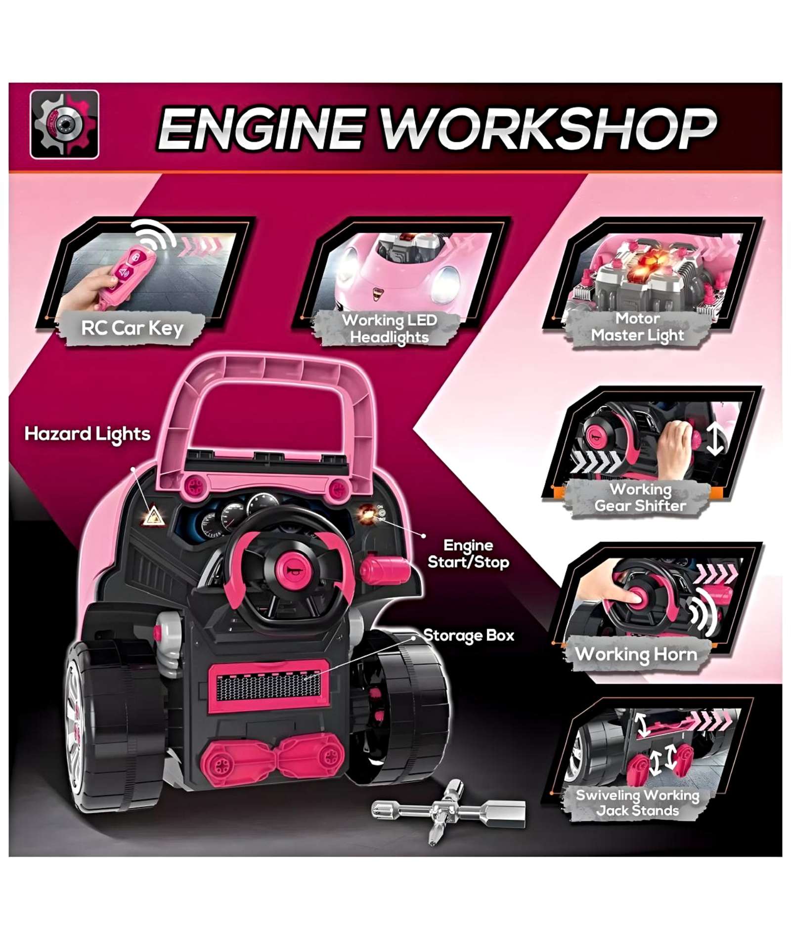 JUGUETE MOTOR DE AUTO ARMABLE ROSA CON LUCES, SONIDOS Y CONTROL - 4