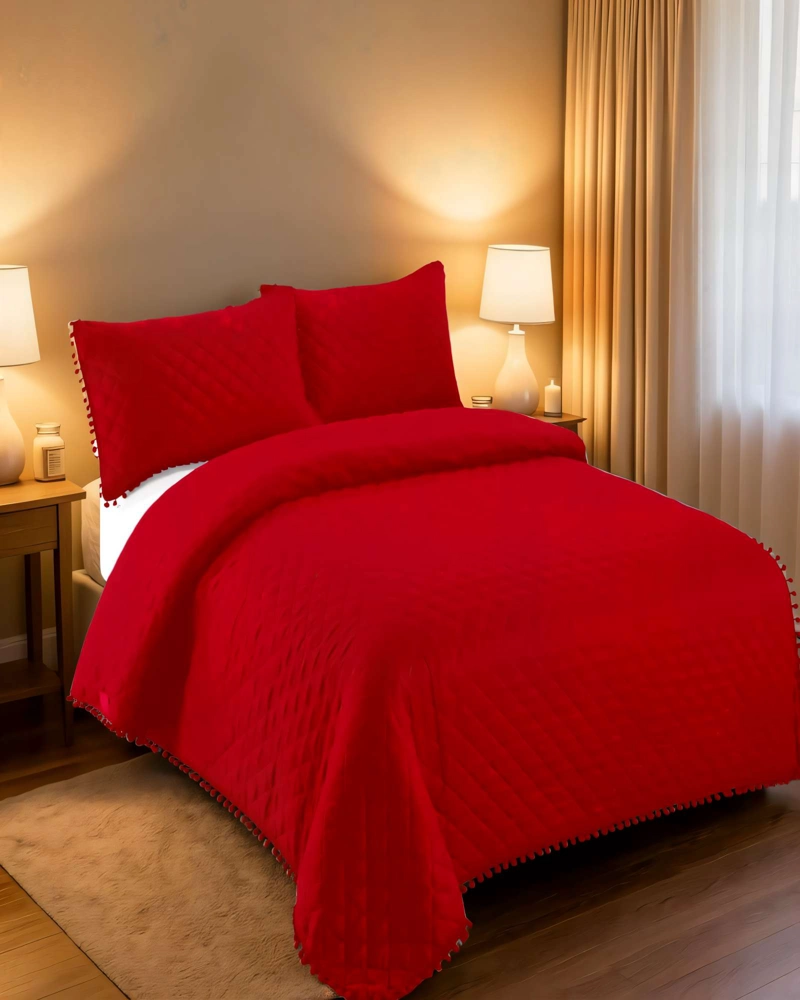 CUBRECAMA DE VERANO QUILT  1,5 PLAZAS CON POMPON COLOR ROJO - 4
