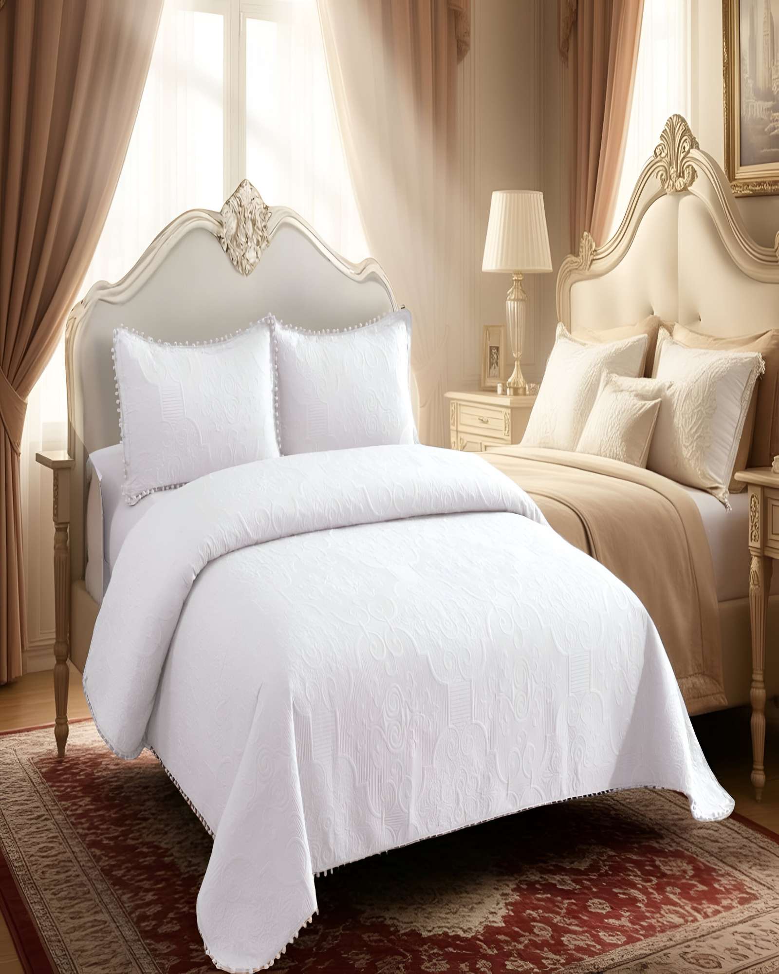 CUBRECAMA DE VERANO QUILT  KING CON POMPON COLOR BLANCO - 4