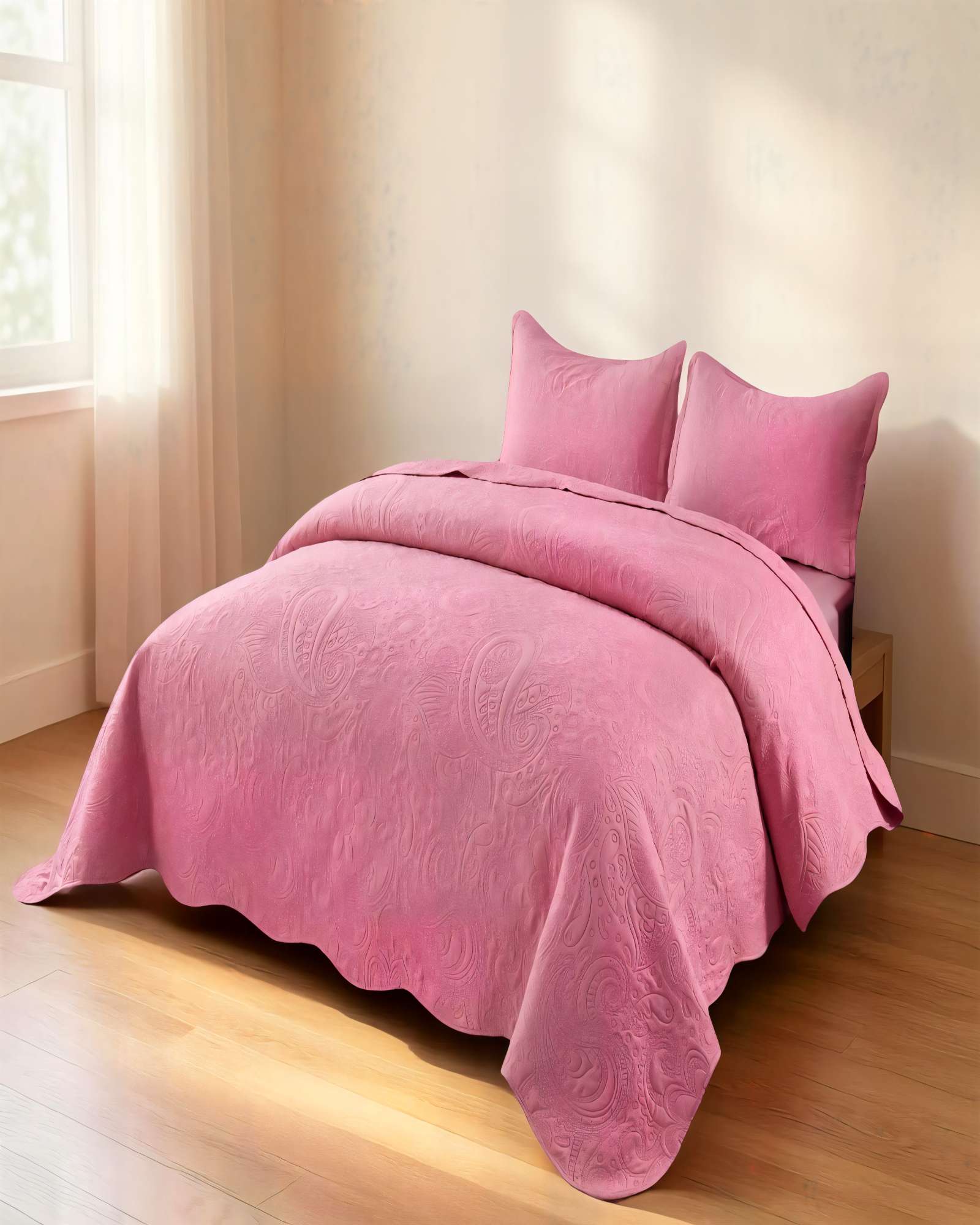 CUBRECAMA DE VERANO QUILT  2 PLAZAS CON RELIEVE COLOR ROSADO - 3