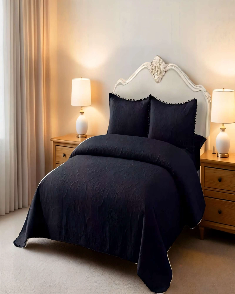 CUBRECAMA DE VERANO QUILT  2 PLAZAS CON POMPON COLOR NEGRO - 3