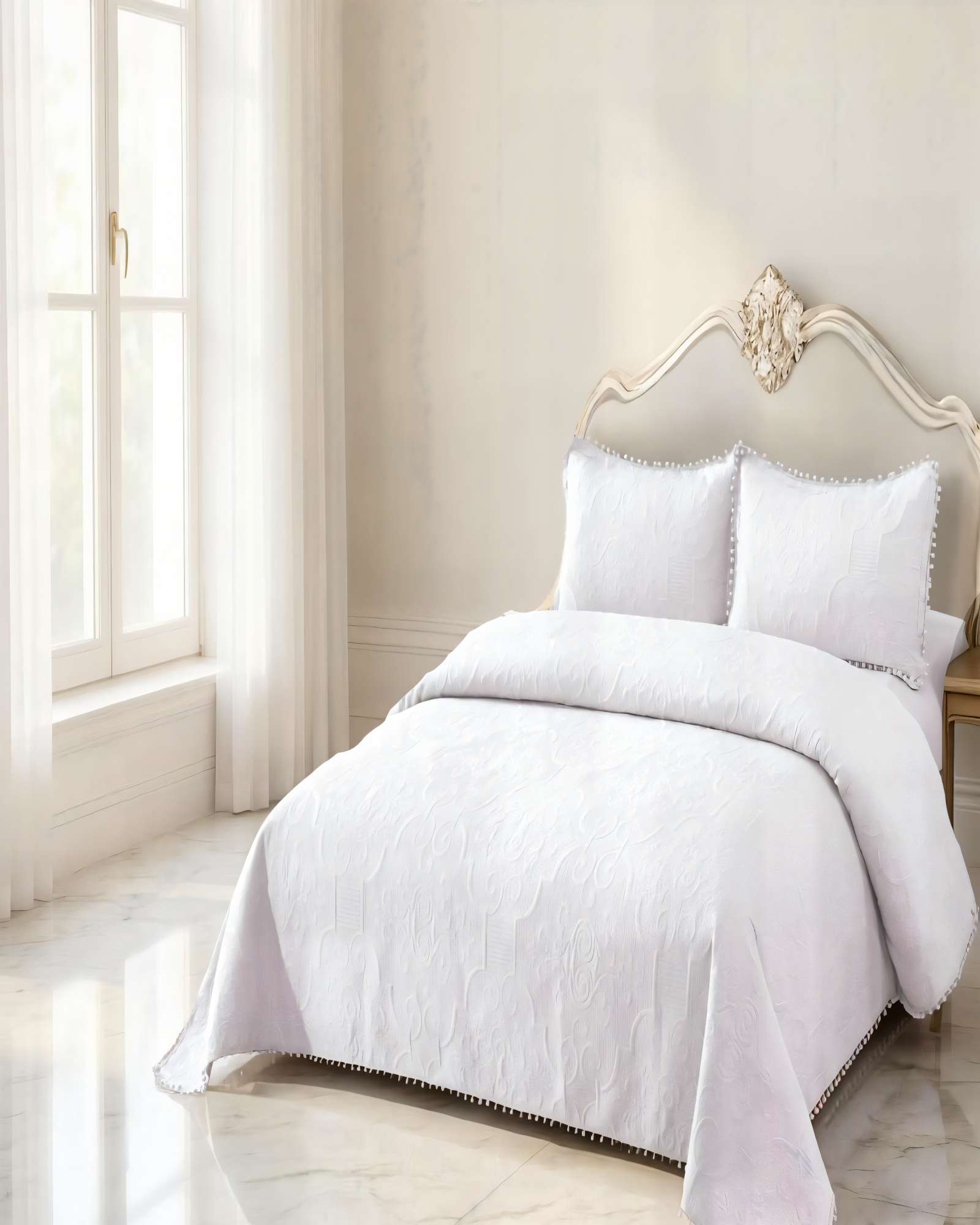 CUBRECAMA DE VERANO QUILT  1,5 PLAZAS CON POMPON COLOR BLANCO - 3