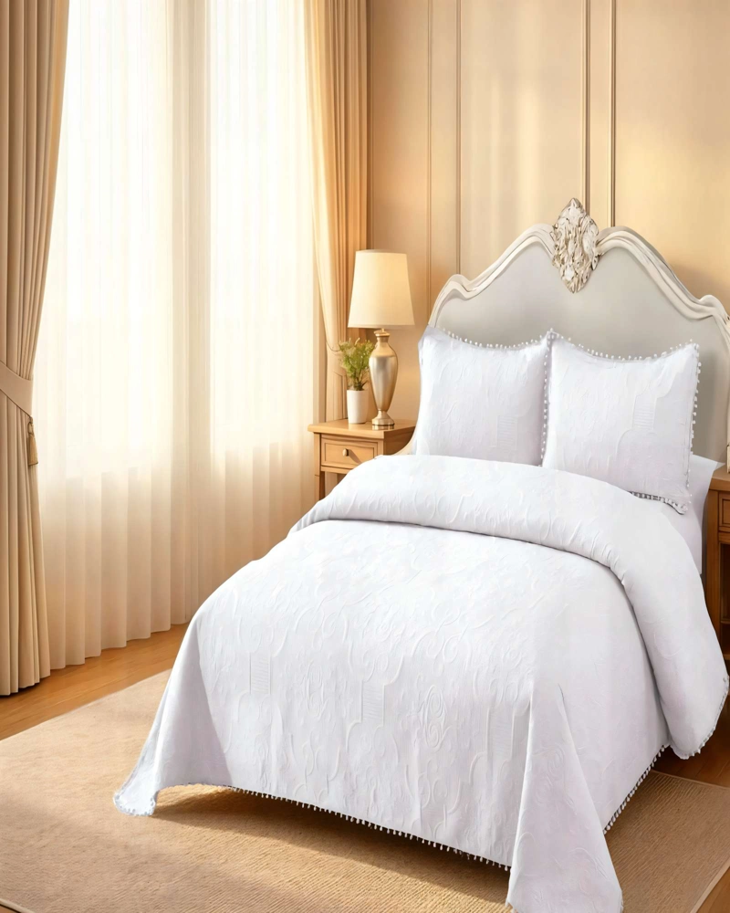CUBRECAMA DE VERANO QUILT  1,5 PLAZAS CON POMPON COLOR BLANCO - 4