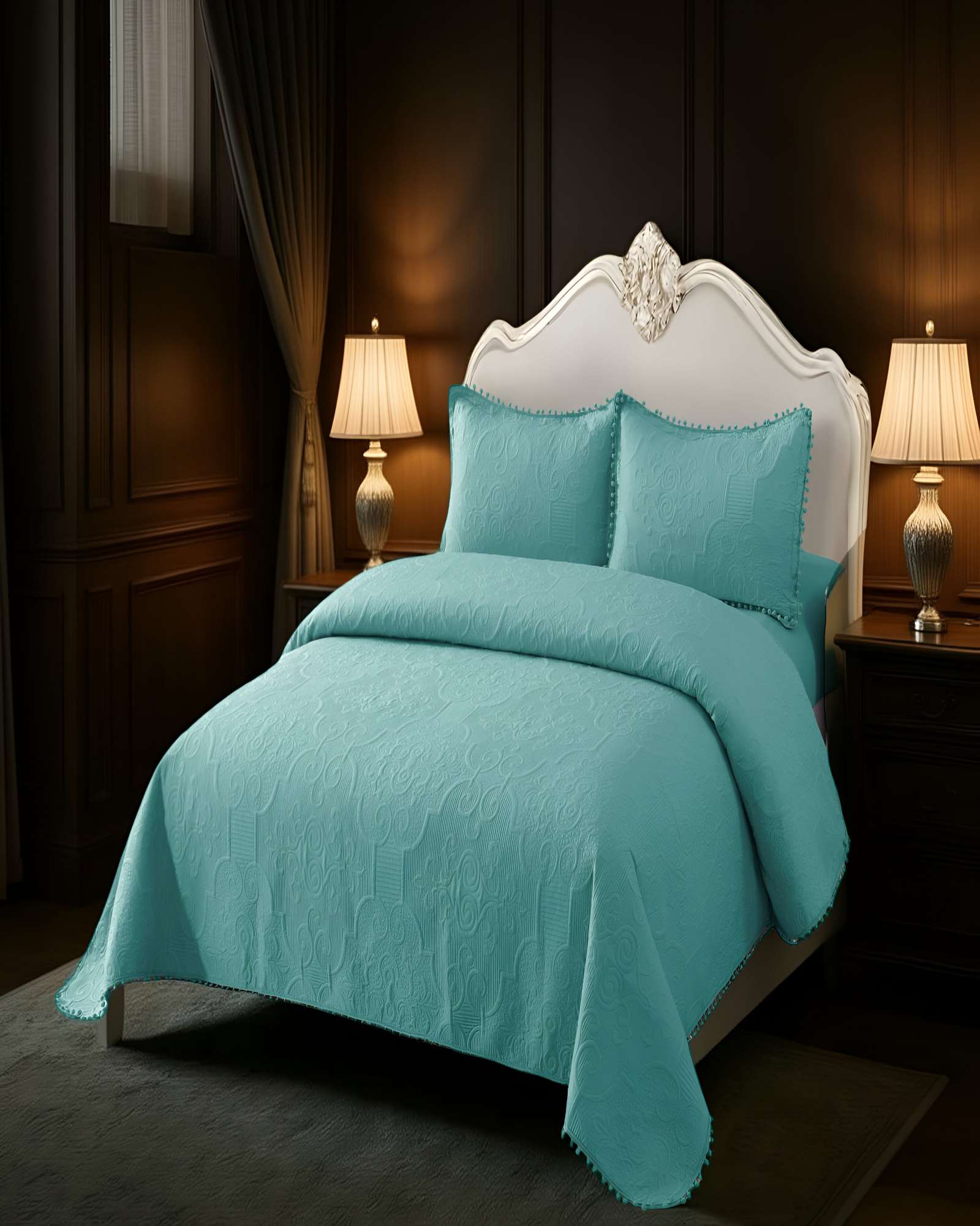 CUBRECAMA DE VERANO QUILT  KING CON POMPON COLOR TURQUESA - 3